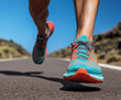 © CaptureCollabStudios - Runner in vibrant sneakers training on a seamless road under bright sunlight in a scenic outdoor landscape