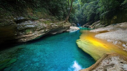 Canvas Print - Vibrant turquoise and gold river flowing through lush green jungle canyon.