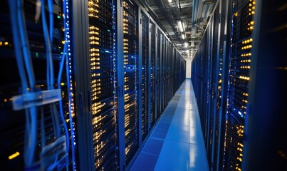 Poster - Data center with rows of server racks illuminated by blue lights, showcasing advanced technology and infrastructure for data storage and processing