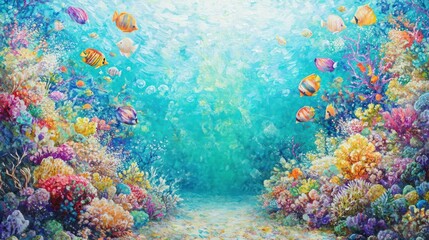 Wall Mural - Vibrant underwater scene with colorful coral reef and diverse fish species swimming in clear turquoise water.