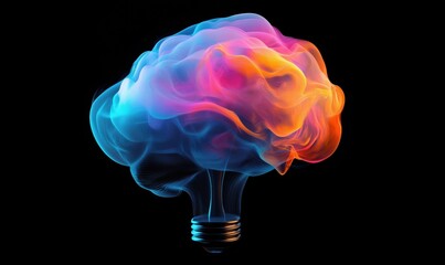 Poster - Colorful abstract brain design with glowing light bulb base representing creativity, innovation, and intelligence