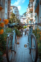 Aufkleber - A couple of bicycles parked next to each other on a city sidewalk