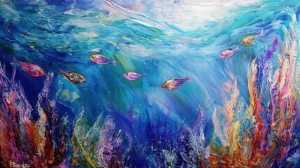 Wall Mural - Vibrant underwater scene with colorful fish swimming among coral reefs.