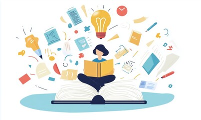 Poster - Creative Learning and Knowledge Acquisition through Reading, Illustration of Person Reading Book Surrounded by Ideas and Notes