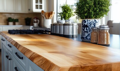 Wall Mural - Beautiful wooden kitchen countertop showcasing natural grain, modern kitchen design with stylish decor, jars of spices, and potted plants