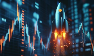 Poster - Rocket Launching Amidst Financial Graphs and Data Visualizations, Symbolizing Growth and Investment Opportunities