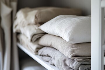 Poster - Soft pillows and cozy blankets on a shelf, perfect for home decor or interior design inspiration