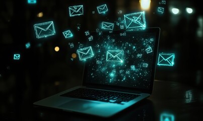 Poster - Digital communication revolution with glowing email icons emerging from laptop screen, symbolizing modern connectivity and information exchange
