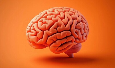 Poster - Brain illustration on vibrant orange background showcasing intricate neural patterns and textures, symbolizing intelligence and cognition