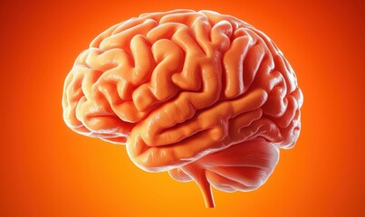 Poster - Human brain illustration with intricate folds and structures against vibrant orange background, showcasing neural complexity and anatomical detail