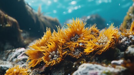 Wall Mural - Vibrant yellow sea anemones cluster on rocks underwater, sunlight filters through the ocean water.