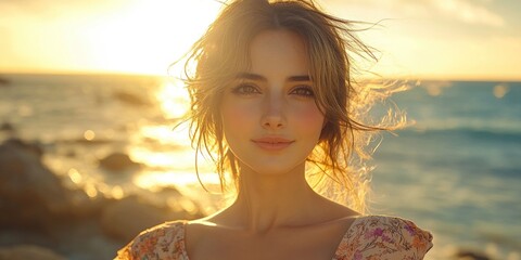 Wall Mural - A young woman stands at the edge of the ocean, enjoying the view