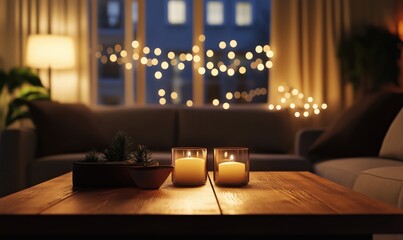 Canvas Print - Cozy living room ambiance with candles, warm lighting, and decorative plants creating a serene atmosphere