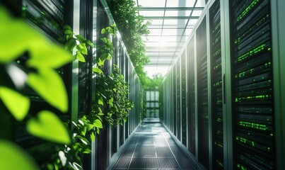 Poster - Green Data Center with Lush Vegetation and High-Tech Servers in Modern Environment
