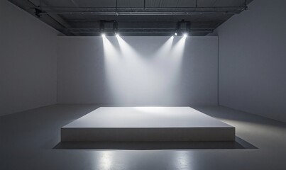 Poster - Minimalist art installation featuring illuminated platform in empty gallery space, showcasing modern design and simplicity