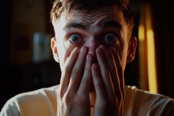 Poster - A person hiding their face with their hands, possibly due to shame or embarrassment