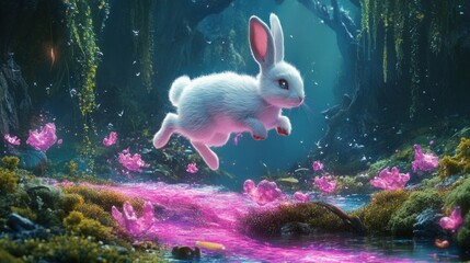 Wall Mural - White rabbit levitating over a pink stream in an enchanted forest.