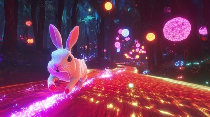 Wall Mural - White rabbit running on glowing path in magical forest with colorful orbs.