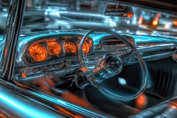 Poster - Close up view of a car's dashboard and steering wheel