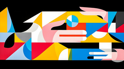 Poster - Cubist Exploration of Intersecting Hands, a vibrant abstract artwork showcasing dynamic shapes and colors reflecting human connection.