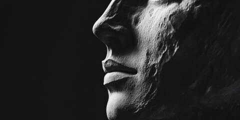 Poster - A detailed view of a stone or metal statue depicting a human face, suitable for use in art, history, or cultural contexts