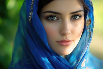 Poster - A woman wearing a blue scarf, perfect for casual or cultural photography