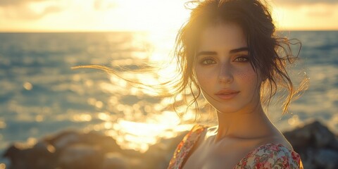 Poster - A beautiful young woman stands at the edge of the ocean, looking out at the waves