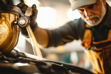 Poster - A person working on a car engine, mechanical repair in progress