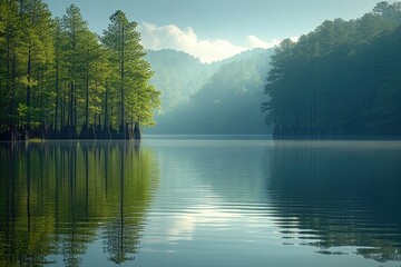 Aufkleber - A serene lake scene on a sunny day surrounded by trees