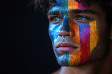 Aufkleber - A close-up shot of a person's face with vibrant, colorful paint