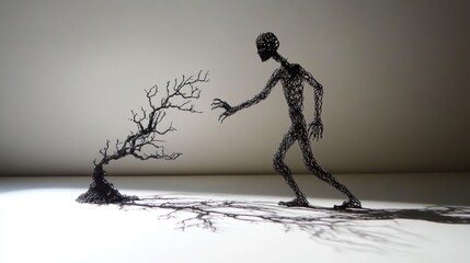 Canvas Print - Wire sculpture of a gaunt figure reaching towards a barren tree, casting dramatic shadows.