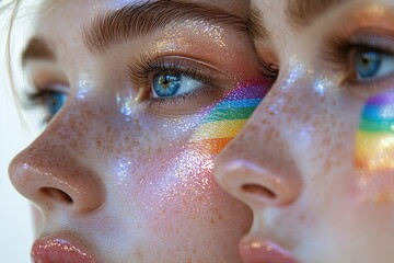 Poster - A colorful portrait of someone with a vibrant rainbow painted on their face, perfect for creative projects and self-expression