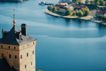 Poster - A city tower with a clock and a body of water in the background