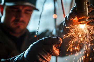 Poster - A man works on a piece of metal with sparks flying everywhere