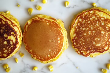 Poster - A stack of three fluffy pancakes served on a table with a side of corn