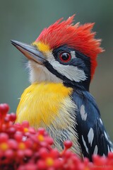 Poster - A close-up view of a vibrant bird's plumage, featuring bright red and yellow feathers