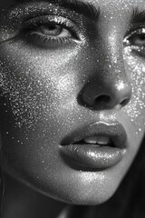 Poster - Close-up shot of a woman with glitter on her face, ideal for use in beauty or party-themed projects