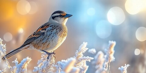 Wall Mural - Sparrow perched on frosty plant, winter bokeh