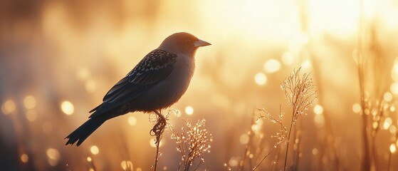 Wall Mural - Sunrise bird perched, golden field. Peaceful nature scene