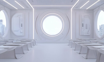 Poster - Futuristic Classroom Design, innovative digital panels, sleek furniture, vibrant learning environment, technology-enhanced education experience