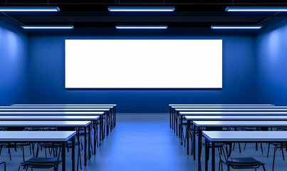 Poster - Futuristic Classroom Design with Digital Panels, Innovative Learning Environment, Engaging Technology Integration, Modern Educational Setting