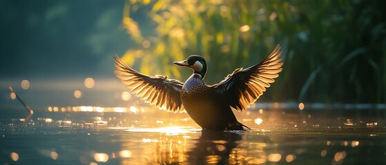 Wall Mural - Sunrise duck spreads wings on lake