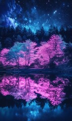 Poster - A mesmerizing nightscape of a forest with colorful trees reflecting in still water under a starlit sky