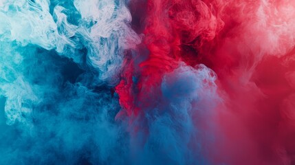 Poster - Vibrant Red and Blue Smoke Blending in the Air for Creative Backgrounds