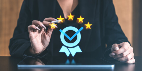 Poster - Customer rating concept with stars and checkmark badge on tablet screen.