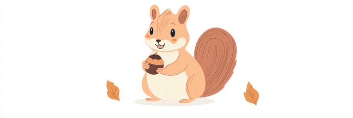 Poster - Cute squirrel holding acorn amidst autumn leaves in a cheerful illustration. Generative AI