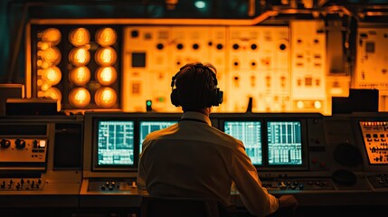 Poster - A professional monitoring high-tech mining technology through innovative tools in an industrial control room.