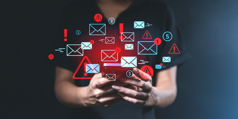 Poster - Smartphone with email and spam notifications overlaid digitally.