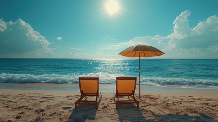 Sticker - Beach chairs, parasol, ocean, sunny.