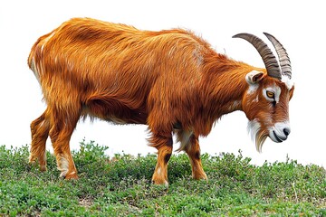 A reddish brown goat grazes on green grass